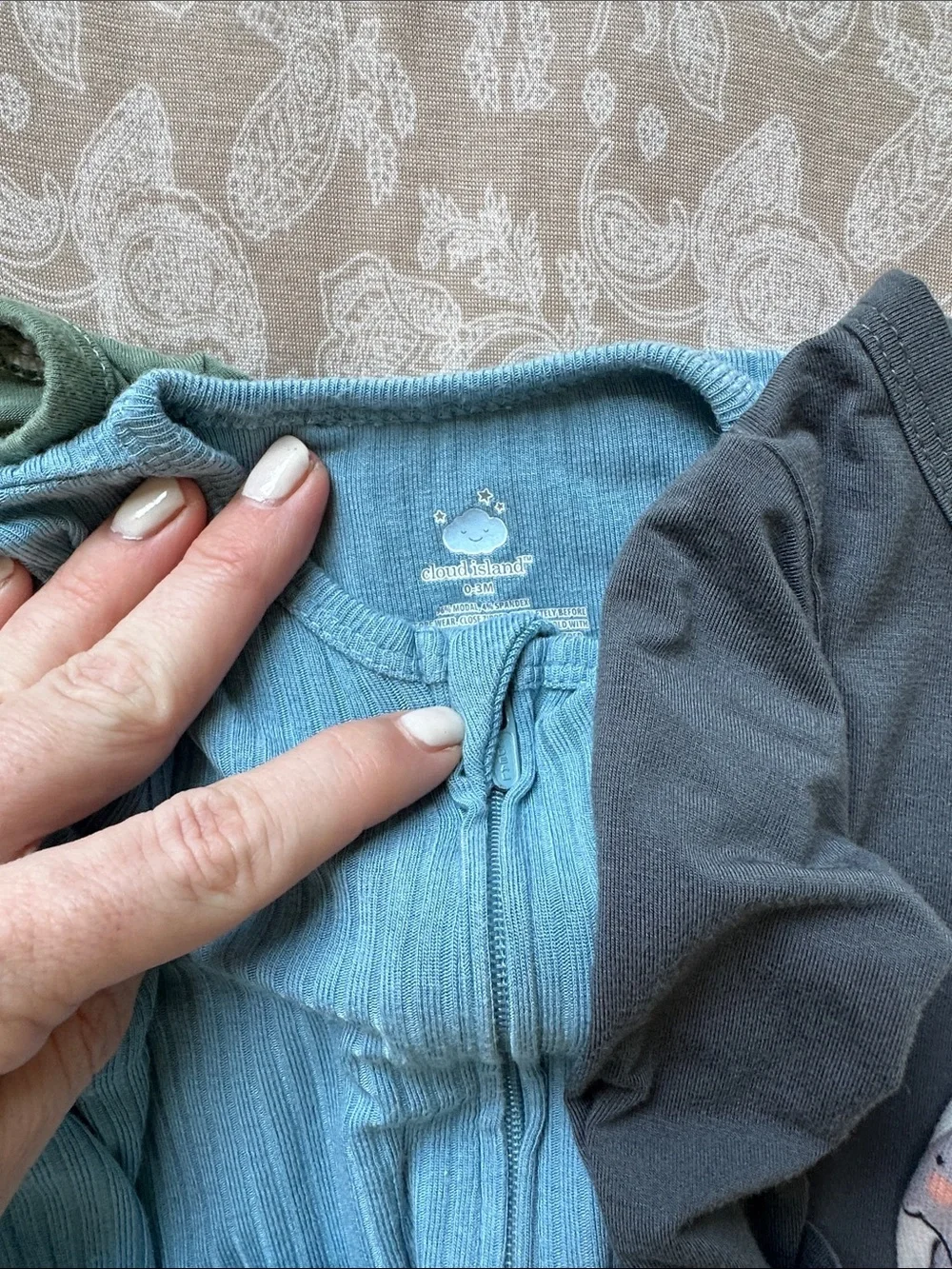 Babies' Neutral Elephant Print and Solid Zipper Footed One-Piece Sleepers